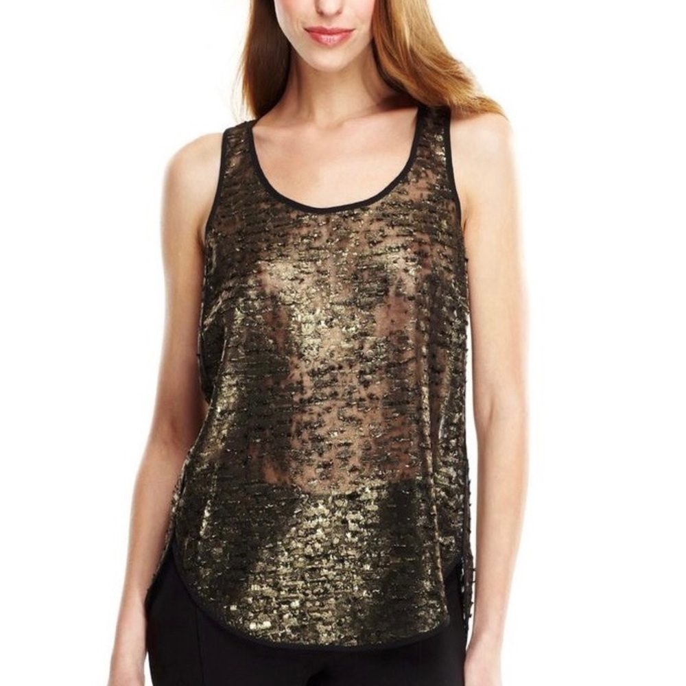 NWOT Kenneth Cole Women’s Gold and Black Shimmer Sheer Burnout Tank Top. Size M.